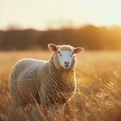 Fototapeta premium Serene Sheep Grazing in Golden Sunset Light on Countryside Field