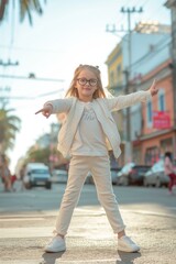 Cute little girl in stylish outfit and eyeglasses standing in the middle of the street with arms outstretched. AI.
