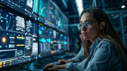 A young woman wearing glasses works at a computer in a data center. AI.