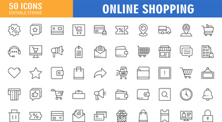 Shopping icon set. Online shopping, store, delivery, promotion and shopping cart symbol. Solid icons vector collection.