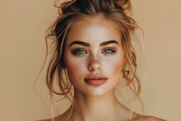 A beautiful young woman with freckles on her face is looking at the camera. She has her hair in a bun and is wearing a natural makeup look. AI.
