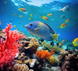 Fototapeta premium A beautiful underwater scene with various types of fish and coral. AI.
