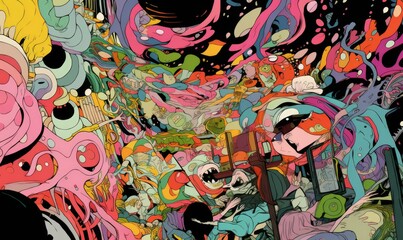 Psychedelic trippy cartoon characters and creatures having fun at a party. AI.