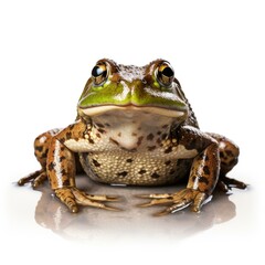 Fototapeta premium Green frog sitting on a reflective surface, looking at the camera. AI.