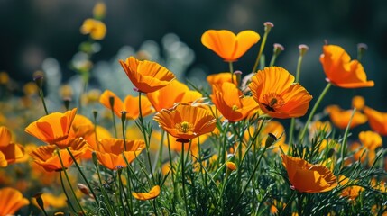 Close-up of a field of orange California poppies. AI.