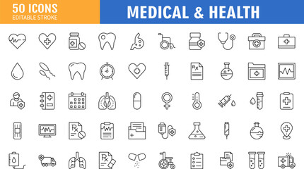 Medical and Healthcare line icon set. Editable stroke. Containing as Medicine, check up, doctor, dentistry, pharmacy, lab, scientific discovery and more. Vector illustration.