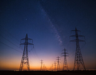 Silhouette of Electrical Power Lines at Dusk with Starry Night Sky and Milky Way
