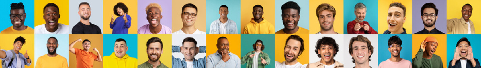 An international, multiracial, and multiethnic array of smiling men faces, captured in a lively...