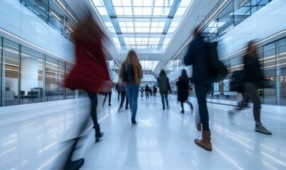 Blurred image of people walking in a modern office building. AI.