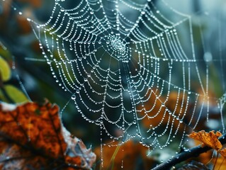 The delicate beauty of a spider's web is adorned with morning dew, glistening like tiny diamonds in the early light. AI.