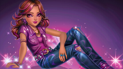 Fototapeta na wymiar A girl is sitting on a purple background with stars and sparkles. She is wearing a purple shirt and blue jeans