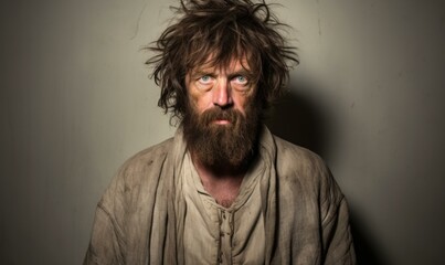 A man with long, matted hair and a beard, wearing a tattered shirt, stares at the camera with an intense expression. AI.