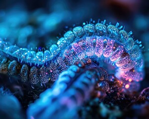 Glowing blue and purple worms slither across the forest floor. AI.