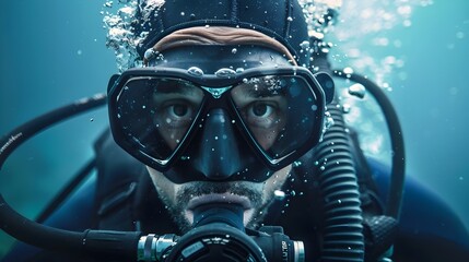 Diver Exploring the Underwater World with Scuba Gear and Mask