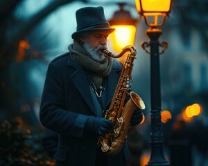 A musician plays the saxophone in the street. AI.