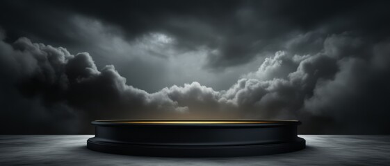 Sleek black podium with a background of storm clouds, suitable for dramatic and impactful product reveals,