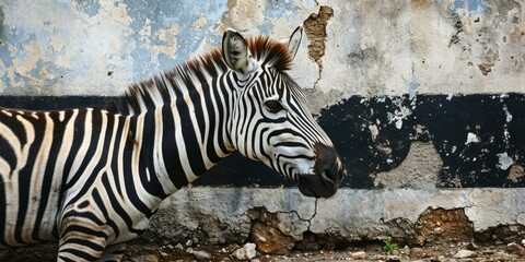 Fototapeta premium A zebra stands in front of a stone wall. AI.