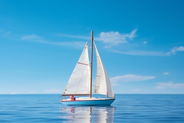 A detailed model of a sailboat on calm blue water, indicating successful navigation or competition,