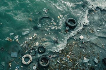 An aerial view showing debris, tires, plastic bottles, and dead fish washed together after a flood.

