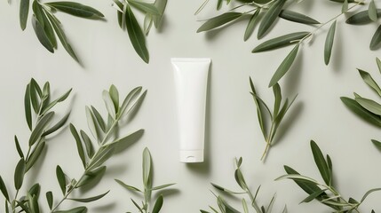 Minimalist Art Featuring Olive Leaves and Toothpaste Tube on Muted Green Background with Visible