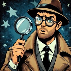 Vintage Comic Style Detective with Magnifying Glass - obrazy, fototapety, plakaty