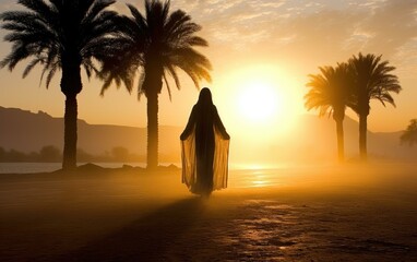 A person in a long dress is walking away from the camera in a beautiful sunset. AI.