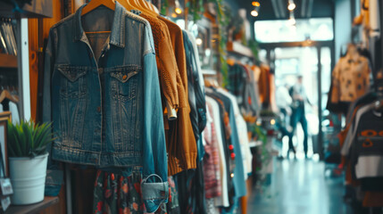 A sustainable fashion display at a store, featuring clothing made from organic and recycled materials,