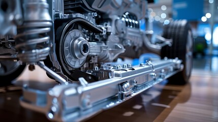 Obraz premium A detailed view of a hybrid car’s engine, illustrating advanced technology for reducing carbon emissions,