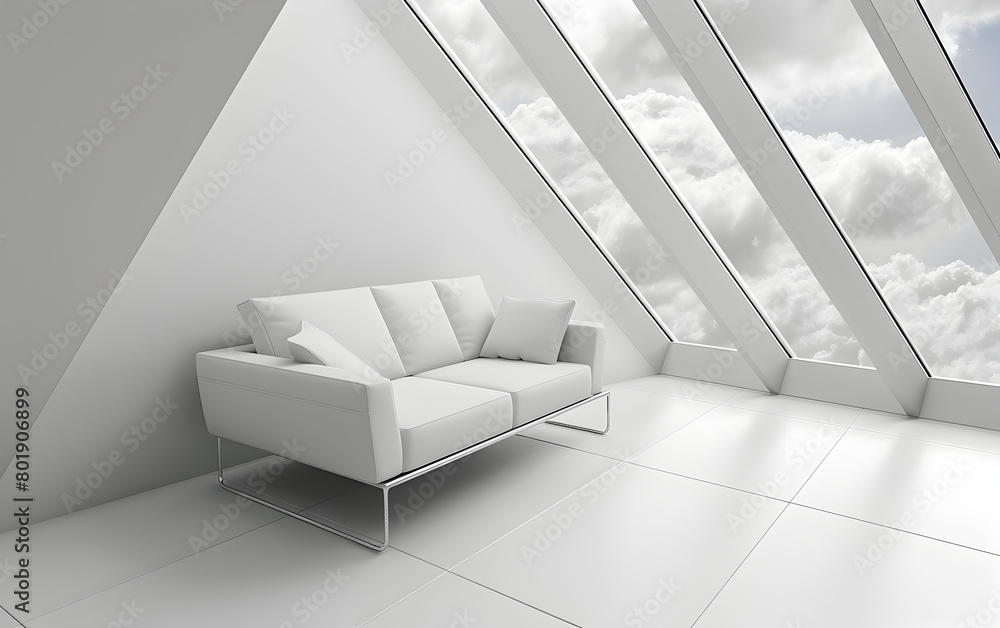 Poster a white couch is sitting in a room with a large window. the room is very clean and the couch is the 