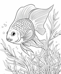 coloring page, exuberant discus fish escaping through aquatic foliage, saturated green colors, midaction, highangle framing, simple cartoon style, no shading, no color