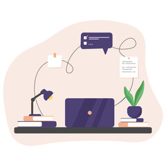 Vector illustration of office desk with laptop. Online education