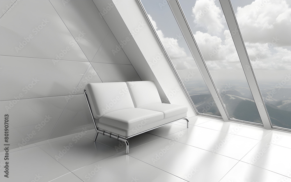 Poster a white couch is sitting in a room with a large window. the room is very clean and the couch is the 