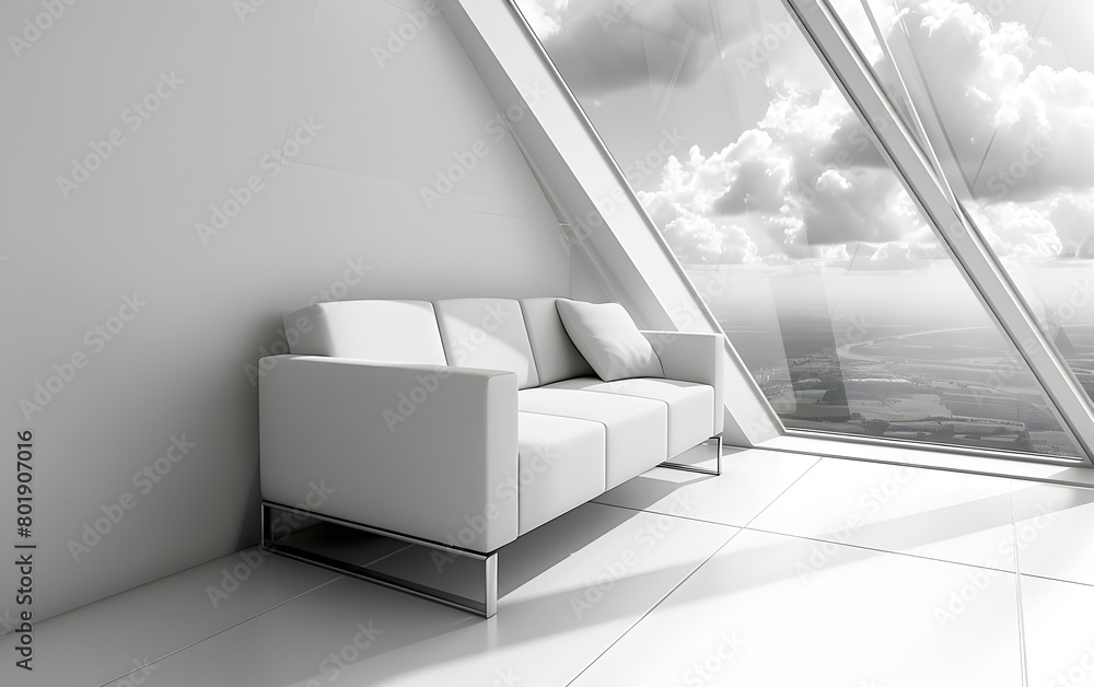 Poster a white couch is sitting in a room with a large window. the room is very clean and the couch is the 