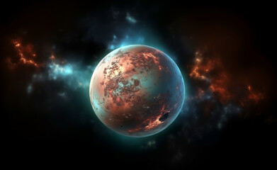 Obraz premium Fantastic planet in space with fire, burnt spots and irregularities on the surface. AI generated.