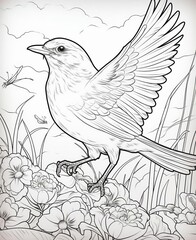 Naklejka premium coloring page, joyful robin darting through a meadow, vibrant spring flowers, soft morning light, lowangle shot, simple cartoon style, no shading, no color
