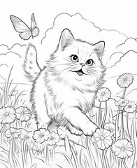 Obraz premium coloring page, joyous Persian cat chasing a butterfly in a sunlit field, high saturation, groundlevel perspective, simple cartoon style, no shading, no color