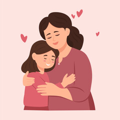 Mother and daughter. Mom Embrace her Child, Their Faces Aglow With Love, Eyes Closed, Encapsulating Eternal Bond In A Moment Of Serene Affection.Mother's Day. Vector Illustration