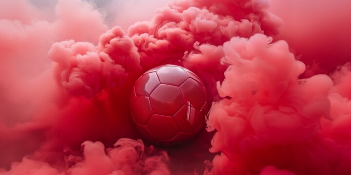 Striking image of a red soccer ball enveloped in dense red smoke, symbolizing passion and intensity in sports.