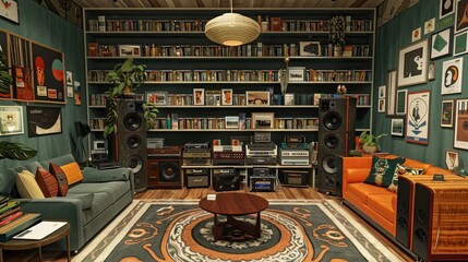 Retro vinyl record store-inspired living room with wall-to-wall records, listening area, and...