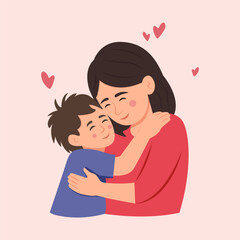 Obraz premium Mother and son. Mom Embrace her Child, Their Faces Aglow With Love, Eyes Closed, Encapsulating Eternal Bond In A Moment Of Serene Affection.Mother's Day. Vector Illustration