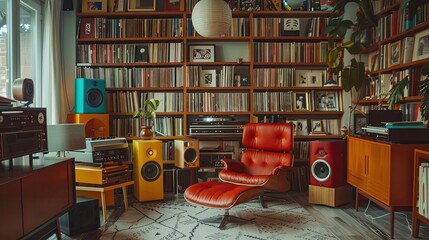 Retro vinyl record store-inspired living room with wall-to-wall records, listening area, and vintage decor.