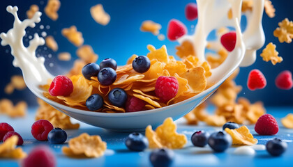A close-up of a bowl of cornflakes with berries, milk, and a splash of milk in a blue background