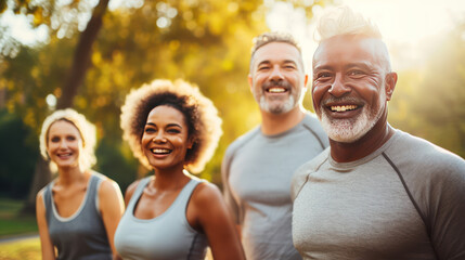 Multiethnic group of middle aged men and women of different genders and ages during a running workout in the park. Joint training to motivate youth and maintain health in middle age. Format photo 16:9