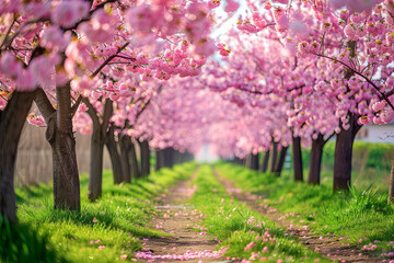Fototapeta premium Sakura Cherry blossoming alley. Wonderful scenic park with rows of blooming cherry sakura trees and green lawn in spring. Pink flowers of cherry tree 