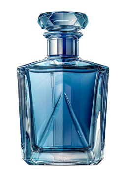 Elegant blue glass perfume bottle with crystal top, cut out - stock png.