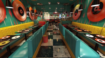 Retro vinyl record-themed pizza restaurant with vinyl record pizza trays, diner-style booths, and...
