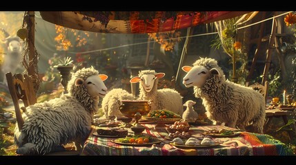 An endearing scene of a family of sheep gathered around a table, enjoying a festive Eid al-Adha...