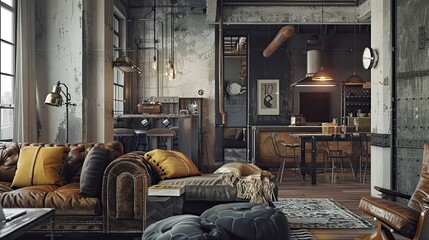 Steampunk-inspired interiors with industrial fixtures, gears, and vintage leather.