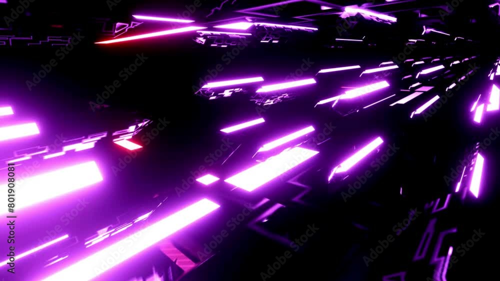 Poster flight through hi-tech technology tunnel with camera shake. neon light in mirror room, sci-fi constr