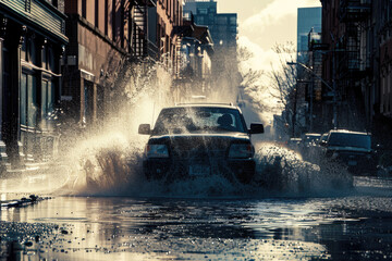 After the flood, an SUV drives through a flooded street, splashing water.

